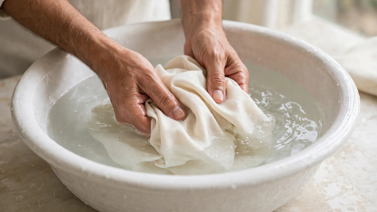 Hands hand-washing cream Boski fabric in a white basin