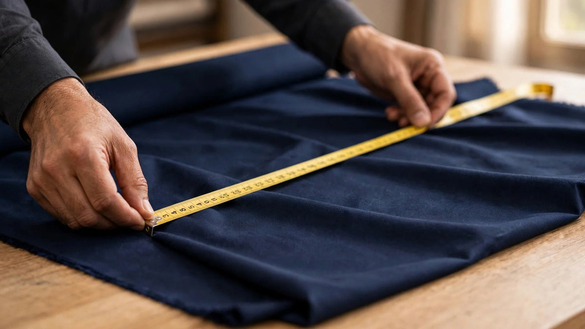 Tailor measuring dark fabric with a measuring tape on a cutting table