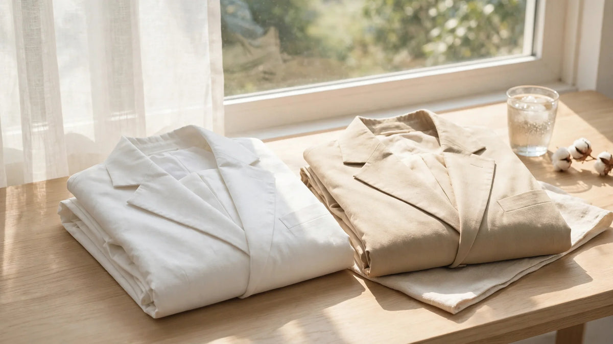 Folded white and cream cotton fabric suits by a sunny window