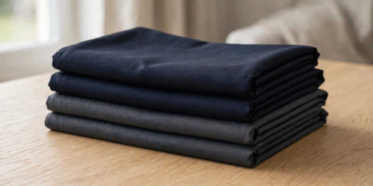 Folded navy and charcoal Wash and Wear fabric suits stacked on a table