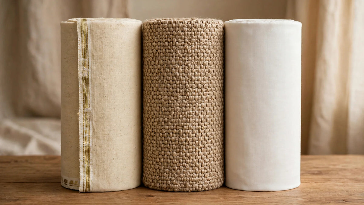 Karandi, Khaddar and Latha fabric rolls side by side in winter tones