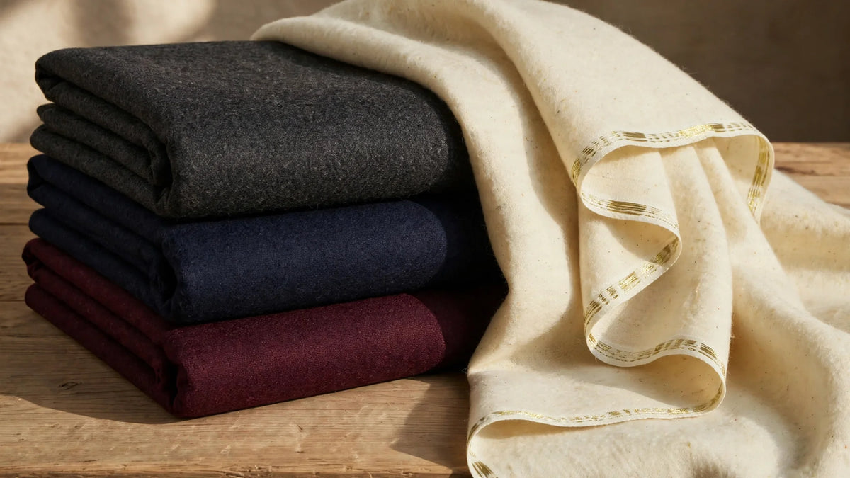 Folded winter fabric suits in deep tones with a wool shawl