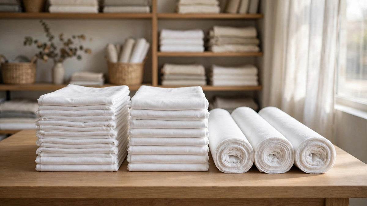 Folded white ihram cloth and rolled unstitched fabric in a premium fabric store