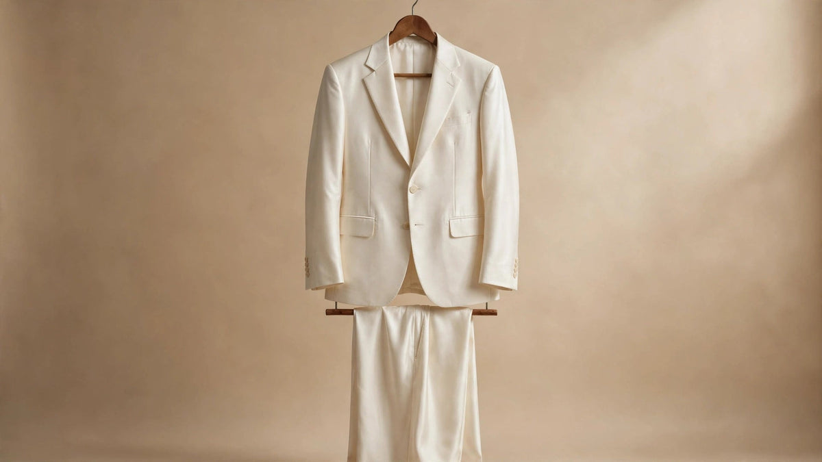 Lustrous cream boski fabric suit draped on a wooden hanger in soft studio light