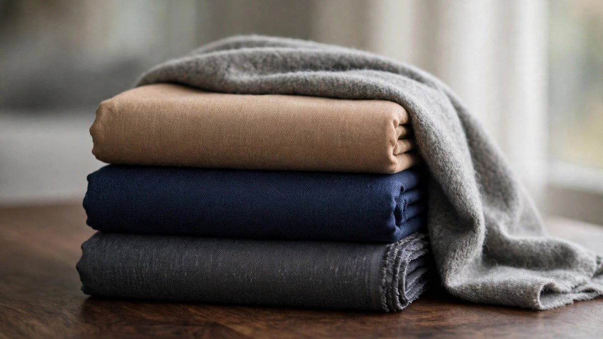 Folded winter shalwar kameez fabric suits in charcoal, navy and camel with a draped grey wool shawl