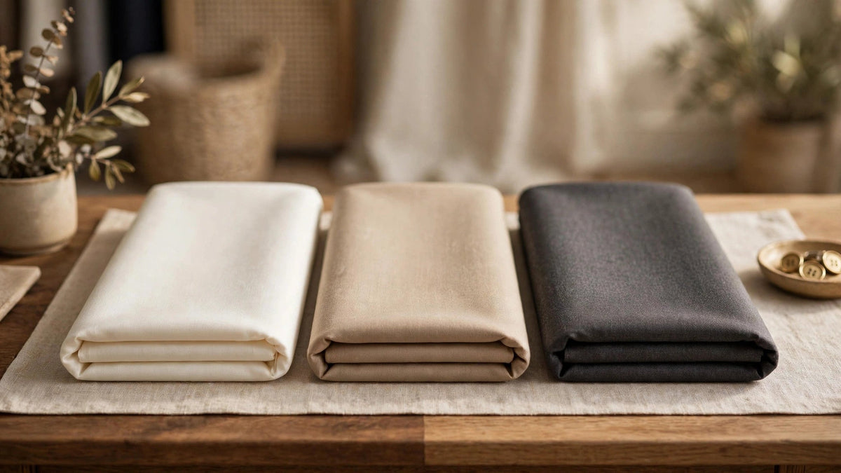 Folded premium unstitched suit fabrics arranged on a boutique display table