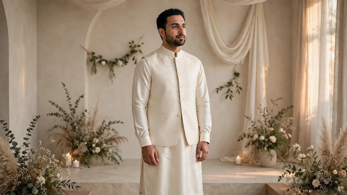 Pakistani groom in an off-white cream boski shalwar kameez with waistcoat at a nikkah