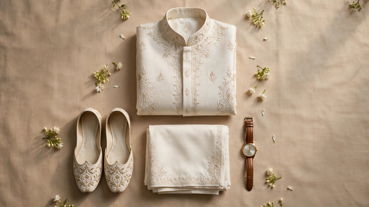 Flat lay of an ivory embroidered nikkah outfit for men with cream khussa shoes and a wristwatch on a beige background