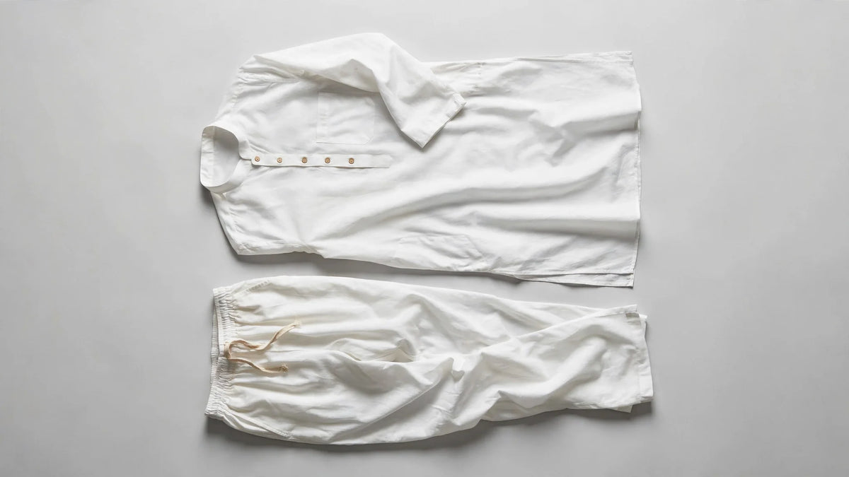 White cotton kurta pajama laid flat showing soft drape on a light grey background