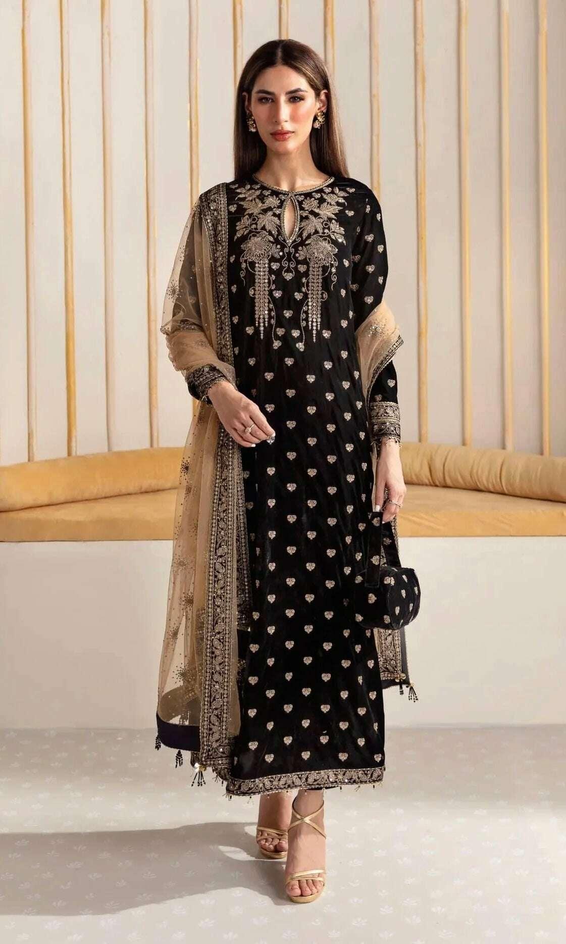 JAZMIN VELVET UNSTITCHED EMB 3PC - City Fabrics 