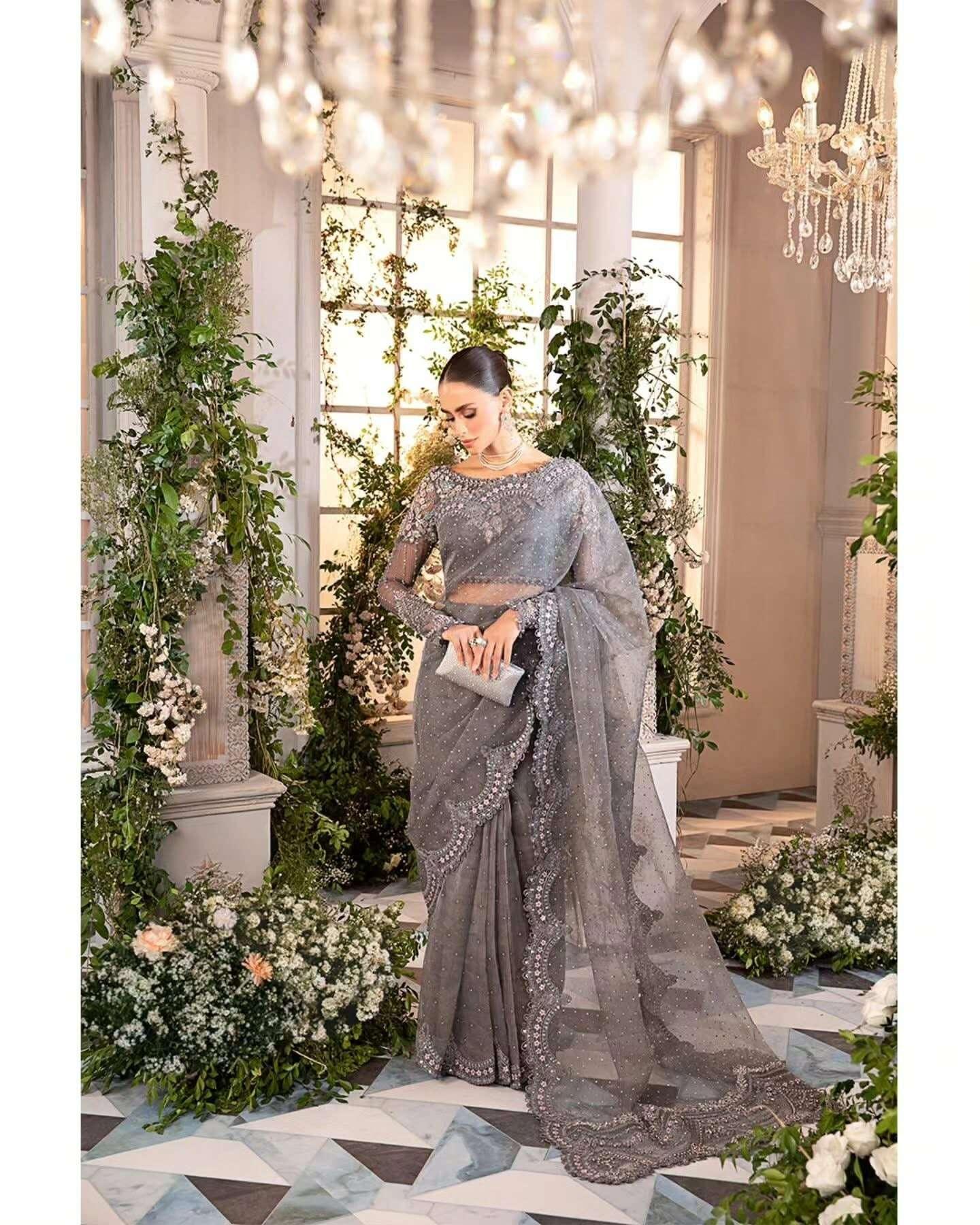 MARIA:B UNSTICHE EMBROIDED SAREE - City Fabrics 
