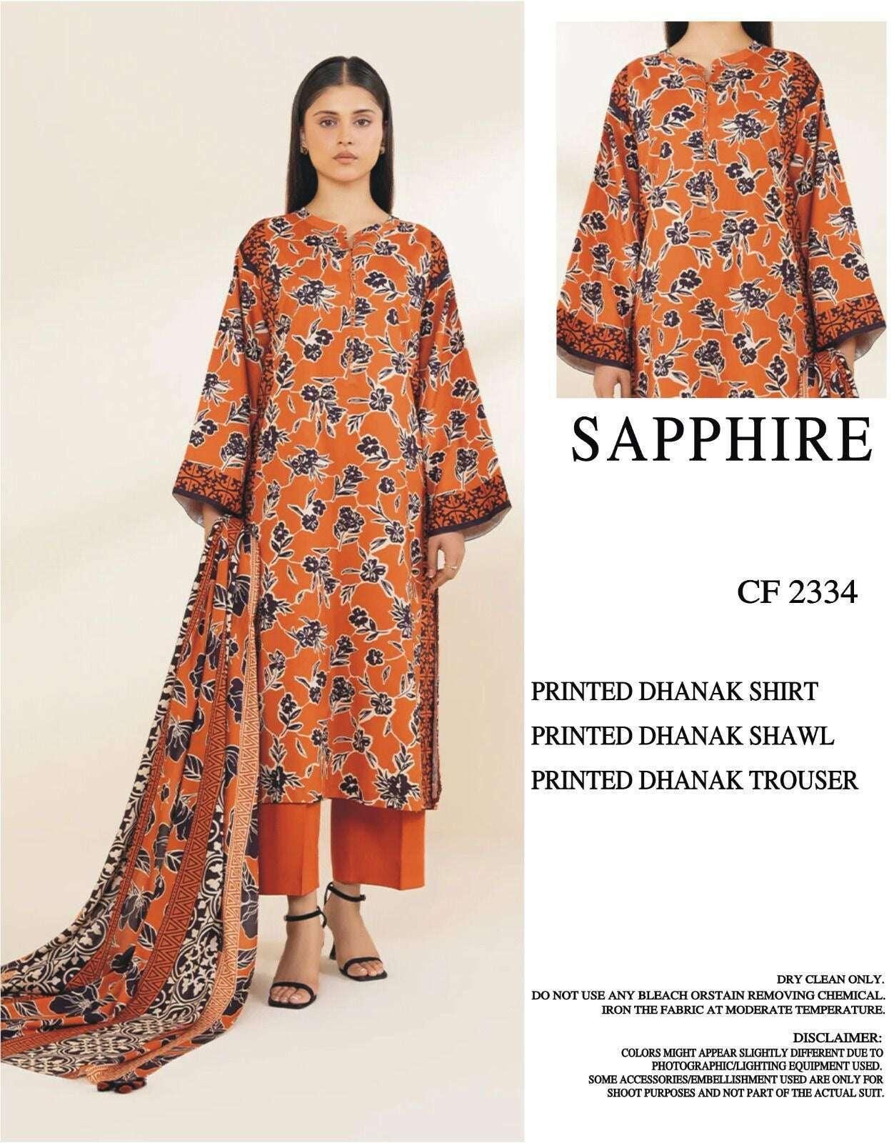 SAPPHIRE DHANAK PRINTED UNSTICHED 3PC - City Fabrics 