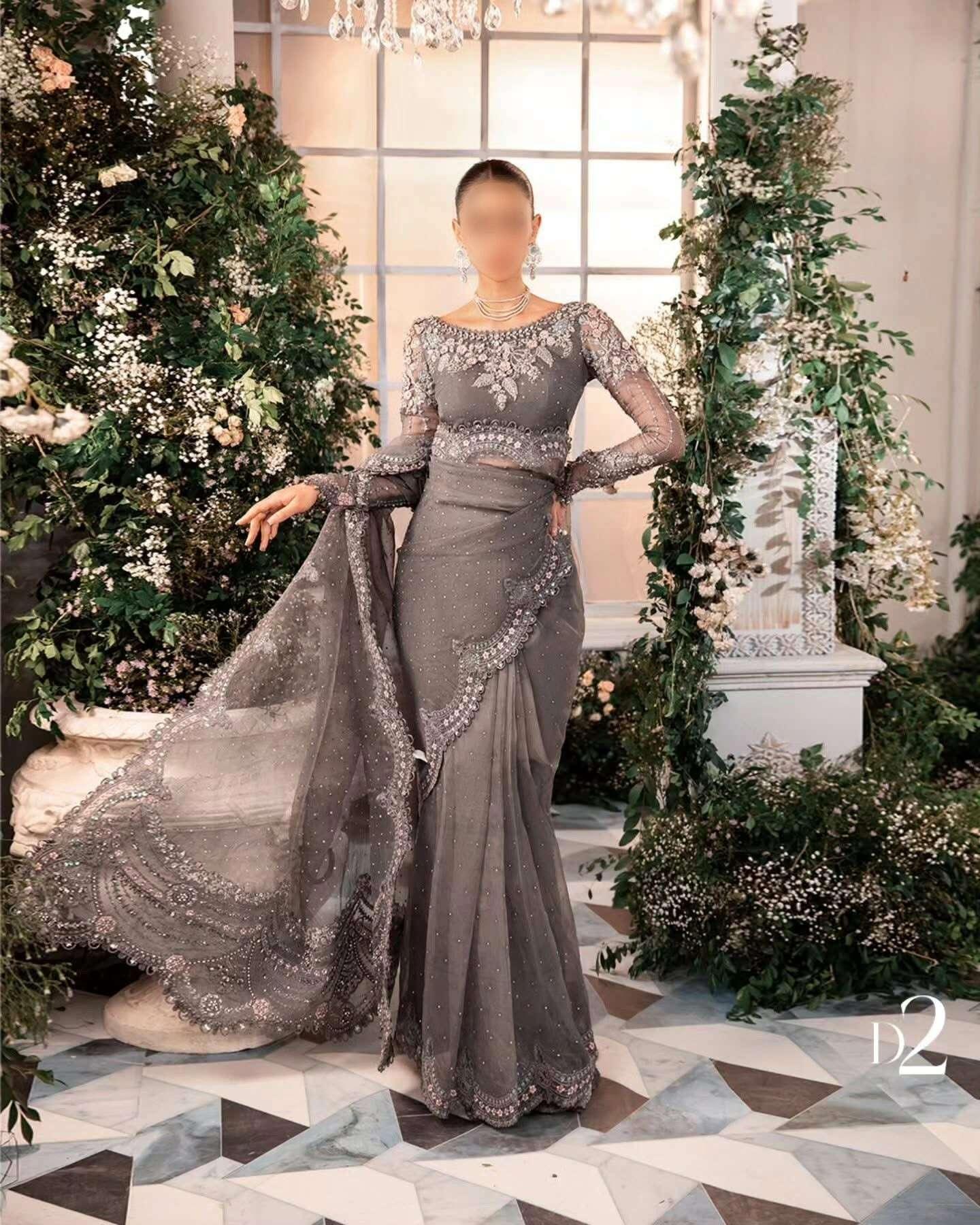 MARIA:B UNSTICHE EMBROIDED SAREE - City Fabrics 